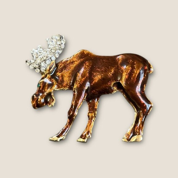 Gold-Tone & Brown Moose Brooch Pin With Rhinestone Antlers 2"x1.5" Elegant Anima - Picture 1 of 2
